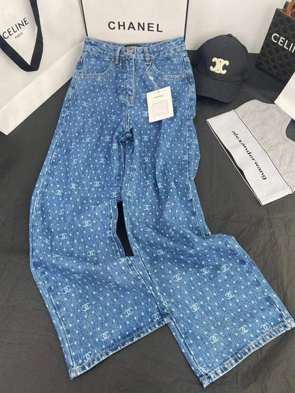 Polka dot logo print wide-leg straight-leg jeans