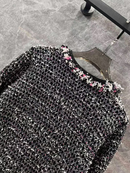 New black diamond button sequined tweed knitted cardigan