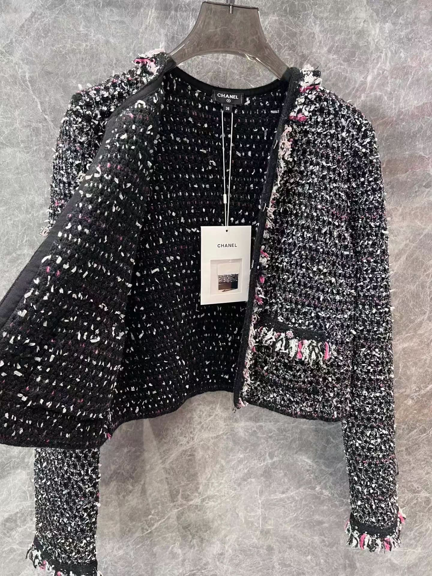 New black diamond button sequined tweed knitted cardigan