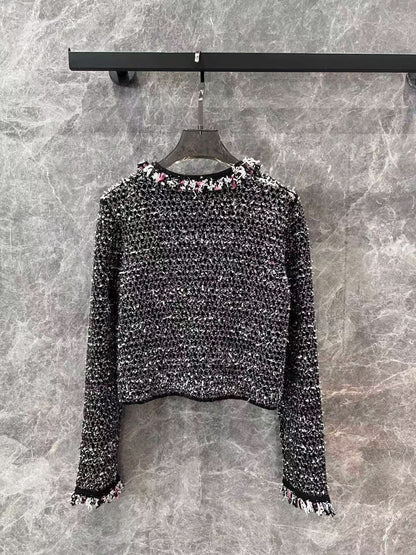 New black diamond button sequined tweed knitted cardigan