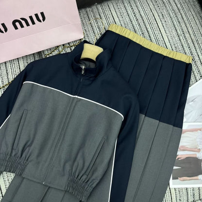 MIU25 Early Spring Contrast Jacket + Pleated Skirt Set - Silhouette Atelier 