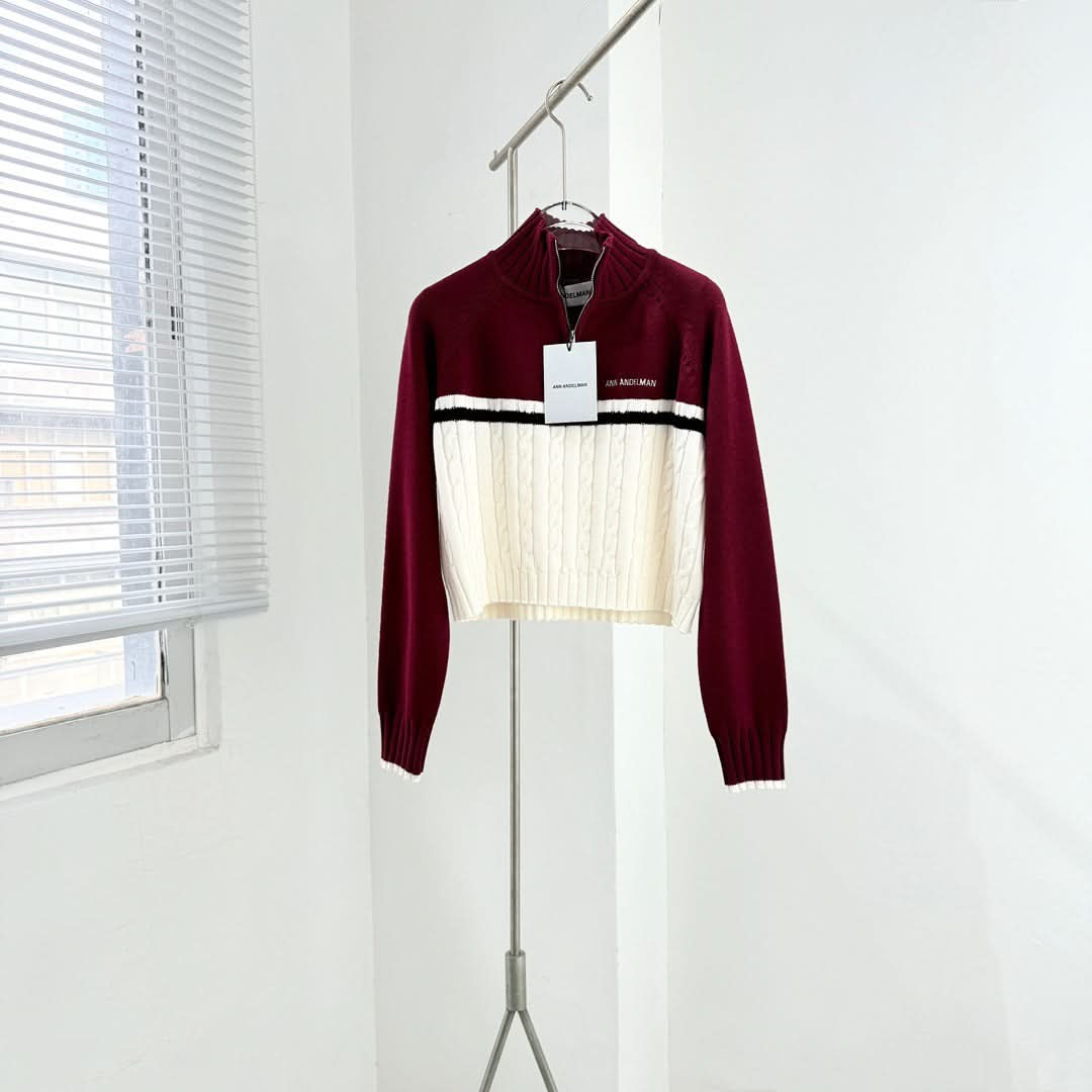 MIU-Color-blocked Stand-up Collar Zip-up Cardigan - Silhouette Atelier 