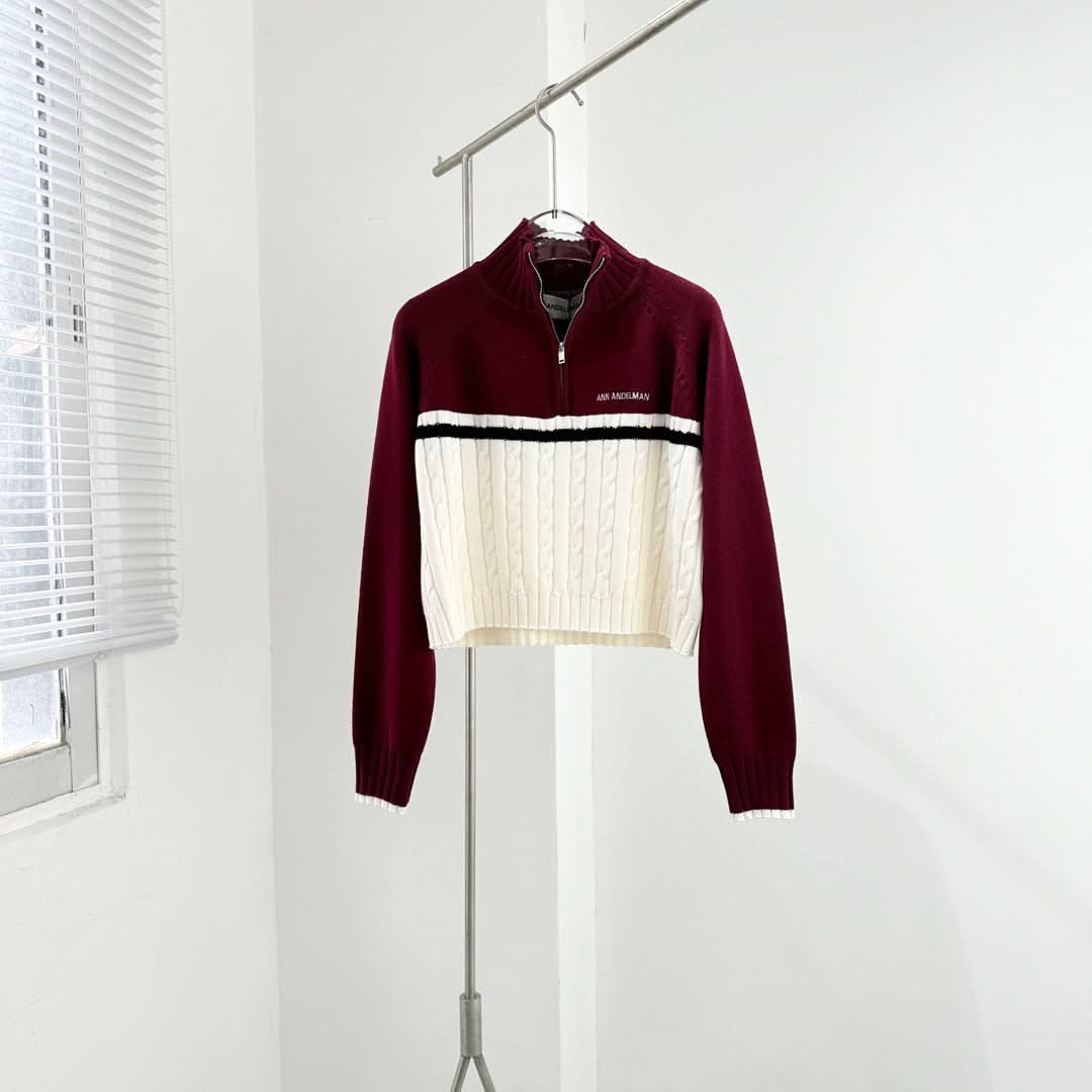 MIU-Color-blocked Stand-up Collar Zip-up Cardigan - Silhouette Atelier 