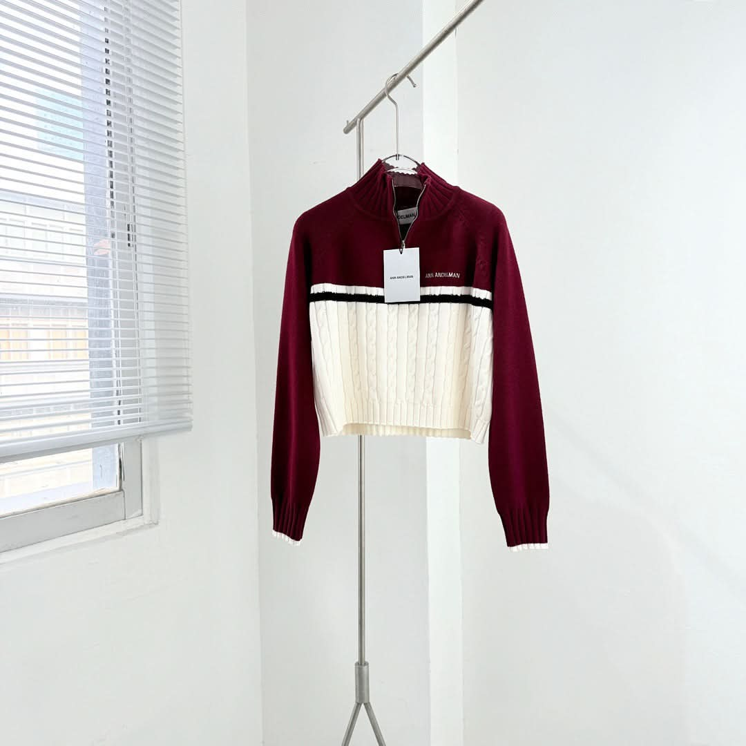 MIU-Color-blocked Stand-up Collar Zip-up Cardigan - Silhouette Atelier 