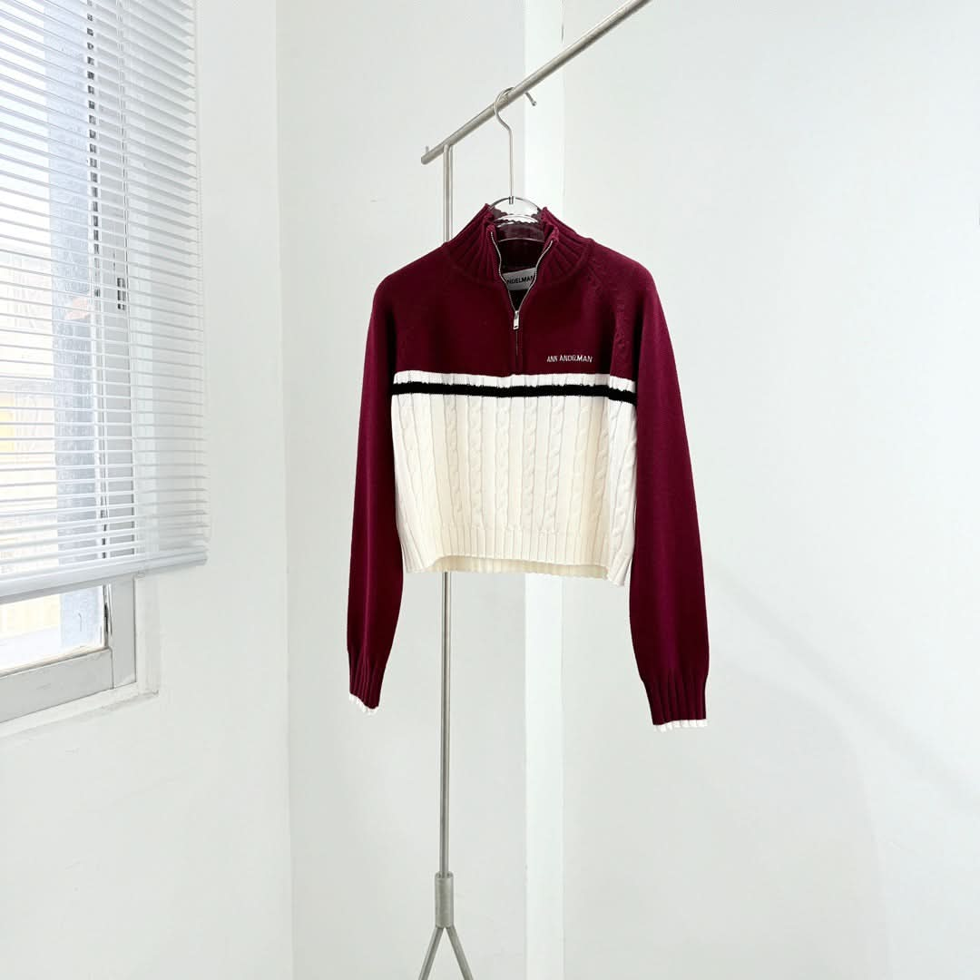 MIU-Color-blocked Stand-up Collar Zip-up Cardigan - Silhouette Atelier 