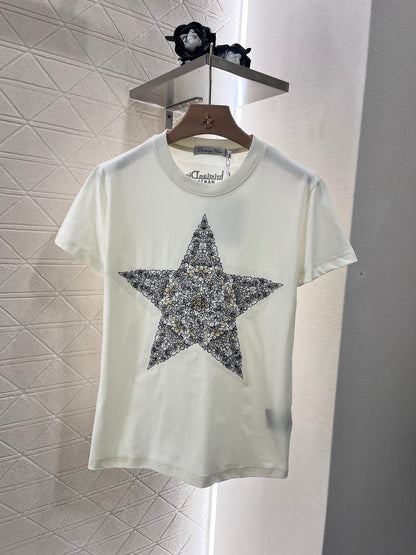 Five-pointed star ribbon embroidered short-sleeved T-shirt