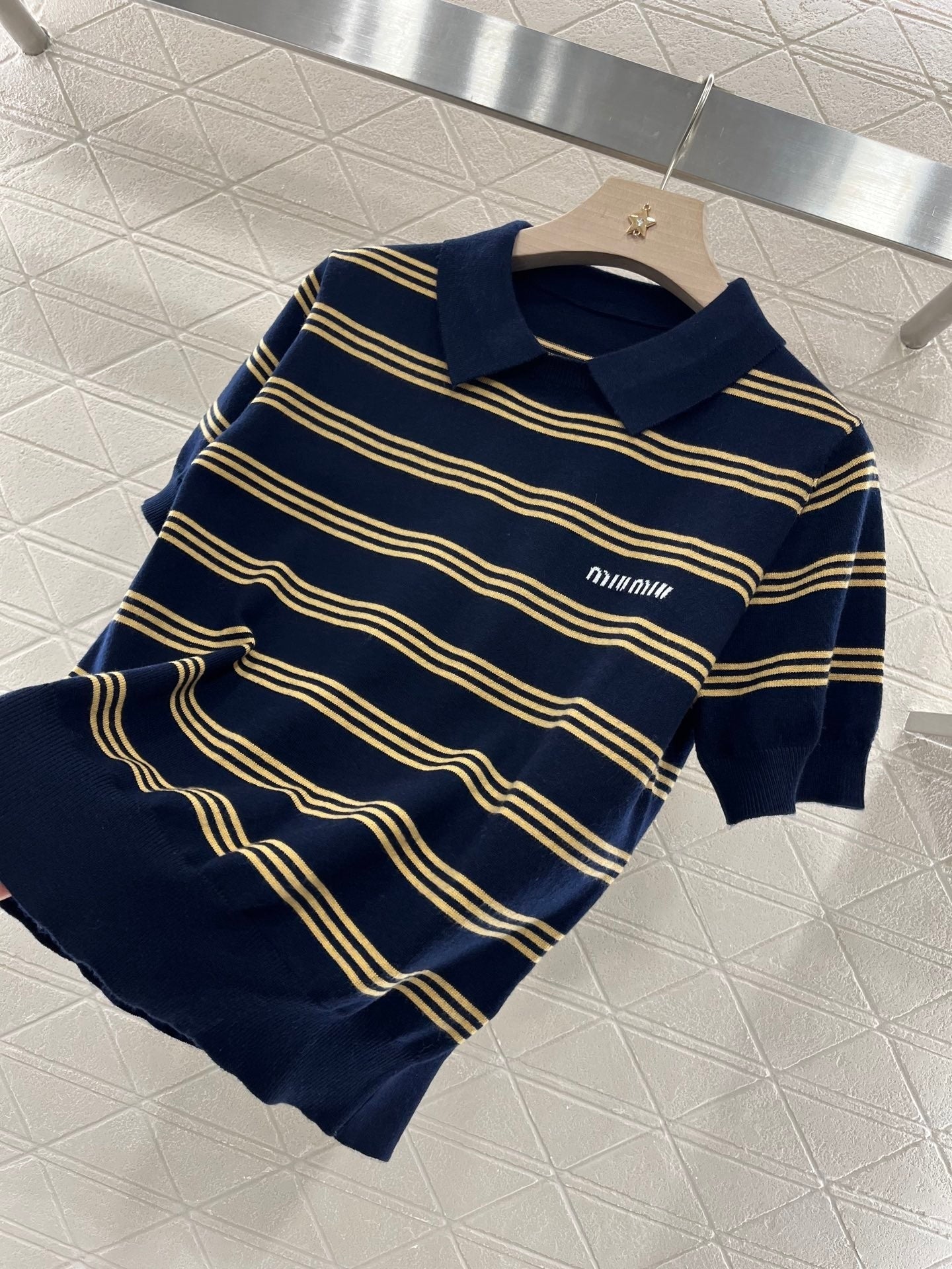 Temperament lapel striped knitted T-shirt