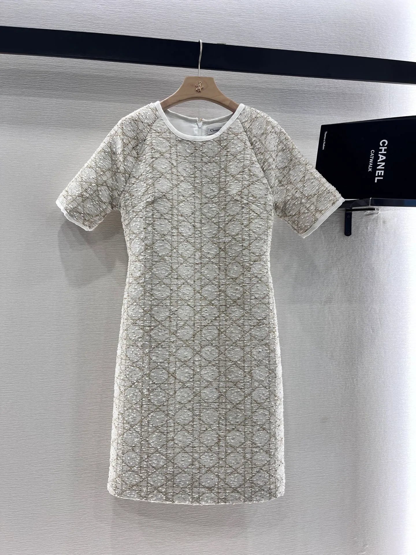 Gold-Thread Crewneck Short-Sleeve Dress