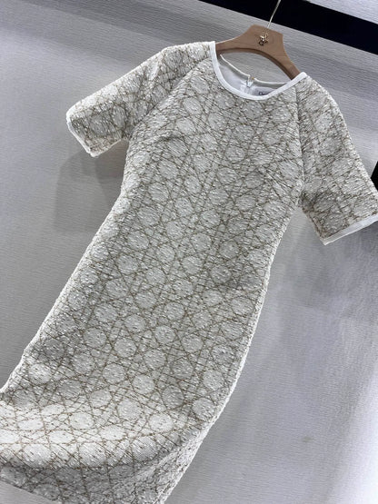 Gold-Thread Crewneck Short-Sleeve Dress