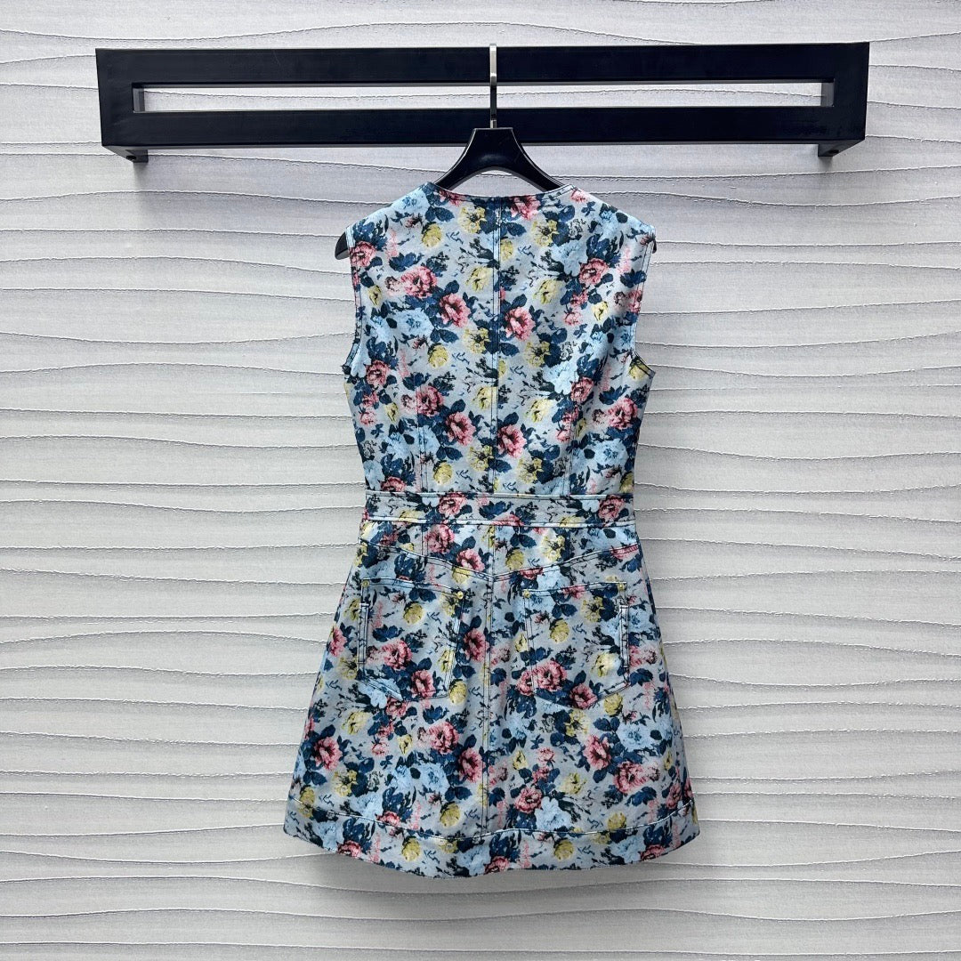 Floral Print Denim Vest Dress