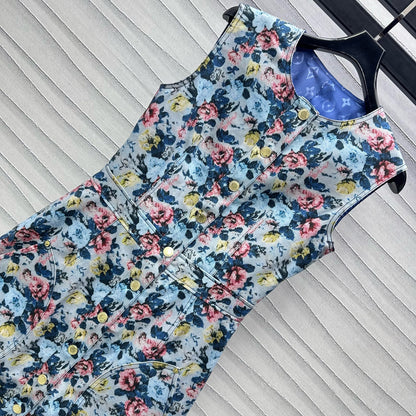 Floral Print Denim Vest Dress