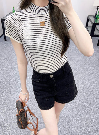 25ss new wool yarn material slim fit fashion striped knitted T-shirt