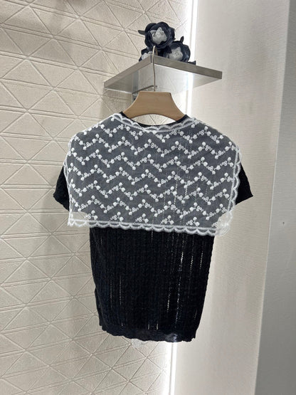 25ss new wool yarn material slim fashion lace shawl knitted T-shirt