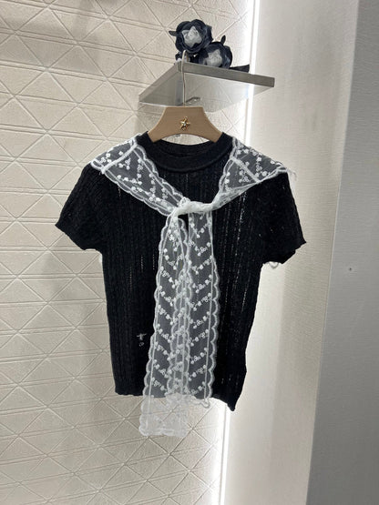 25ss new wool yarn material slim fashion lace shawl knitted T-shirt