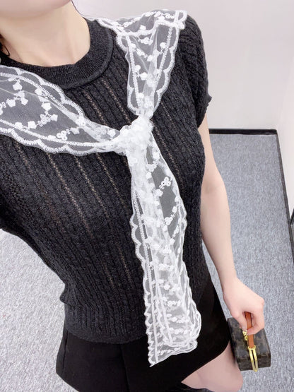 25ss new wool yarn material slim fashion lace shawl knitted T-shirt