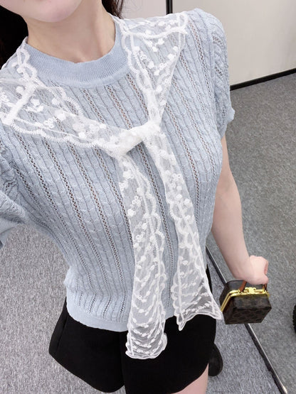 25ss new wool yarn material slim fashion lace shawl knitted T-shirt