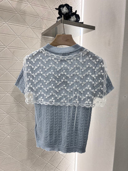 25ss new wool yarn material slim fashion lace shawl knitted T-shirt