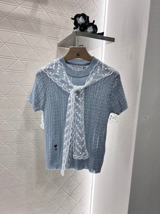 25ss new wool yarn material slim fashion lace shawl knitted T-shirt