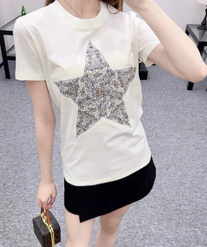 Five-pointed star ribbon embroidered short-sleeved T-shirt