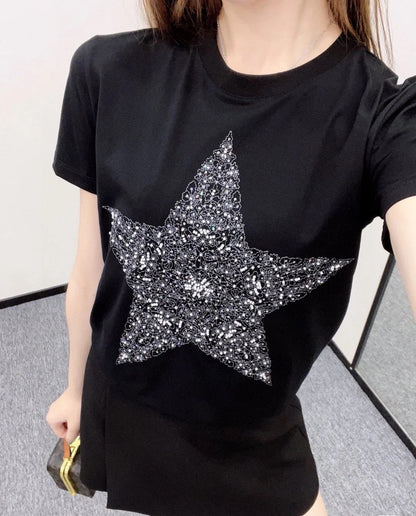 Five-pointed star ribbon embroidered short-sleeved T-shirt