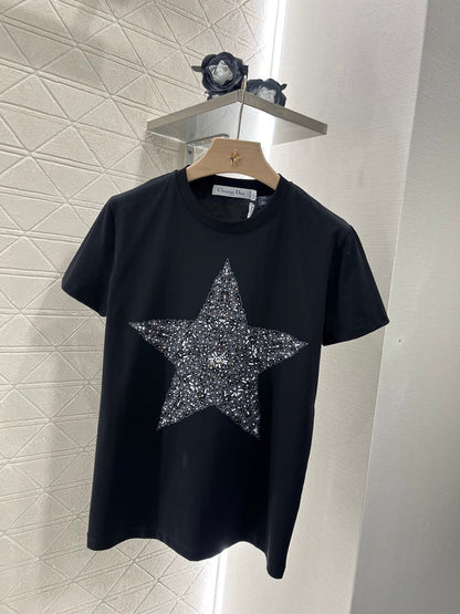 Five-pointed star ribbon embroidered short-sleeved T-shirt