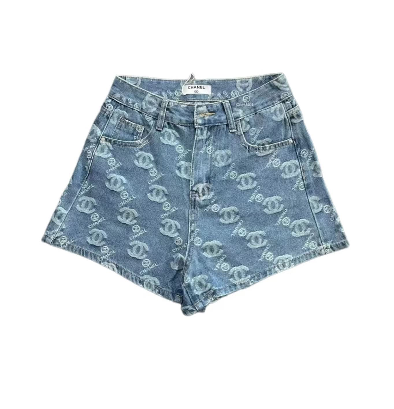 Denim shorts with all-over logo embroidery