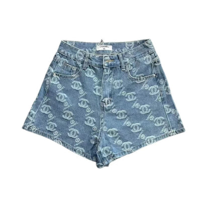 Denim shorts with all-over logo embroidery