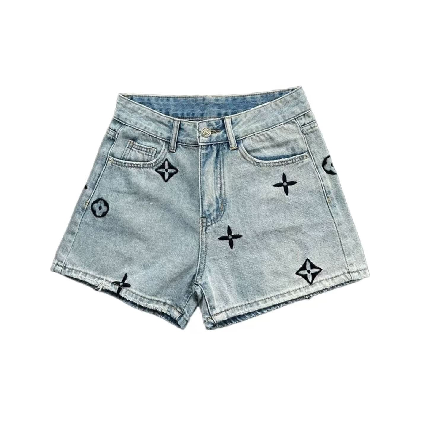 New printed embroidered denim shorts