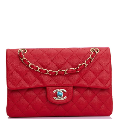 Small Classic Double Flap Red Caviar Light Gold Hardware（15.5×25.5×6.5cm）