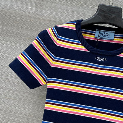 Five-color striped knitted T-shirt