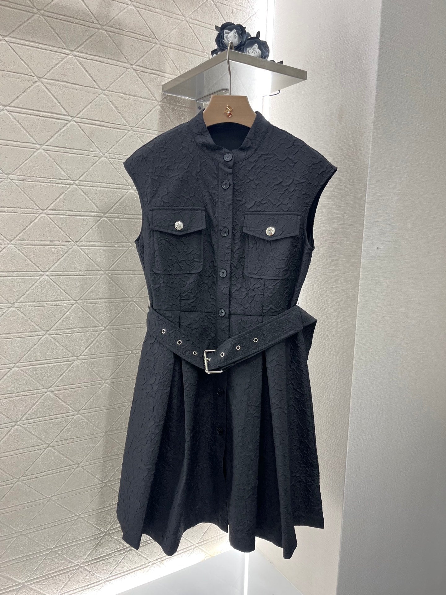 Stand Collar Sleeveless Belted Dress