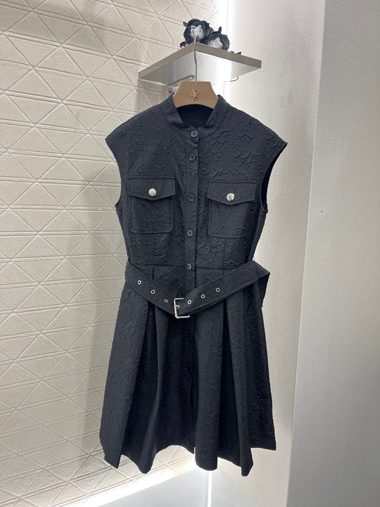 Stand Collar Sleeveless Belted Dress