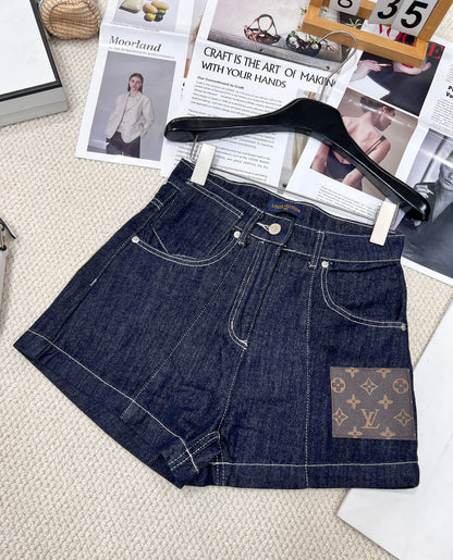 Leather brand denim shorts