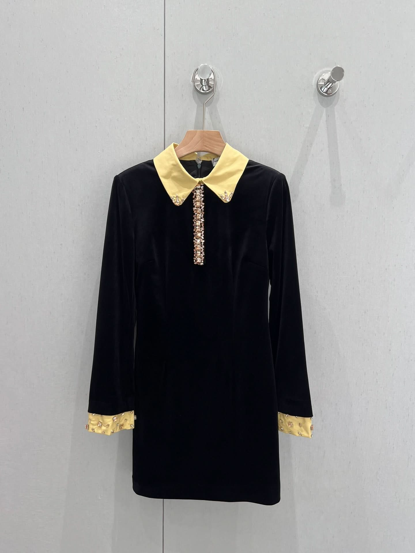 Saintlauren-Gold Velvet Contrast Beaded Long Sleeve Dress-YY - Silhouette Atelier 