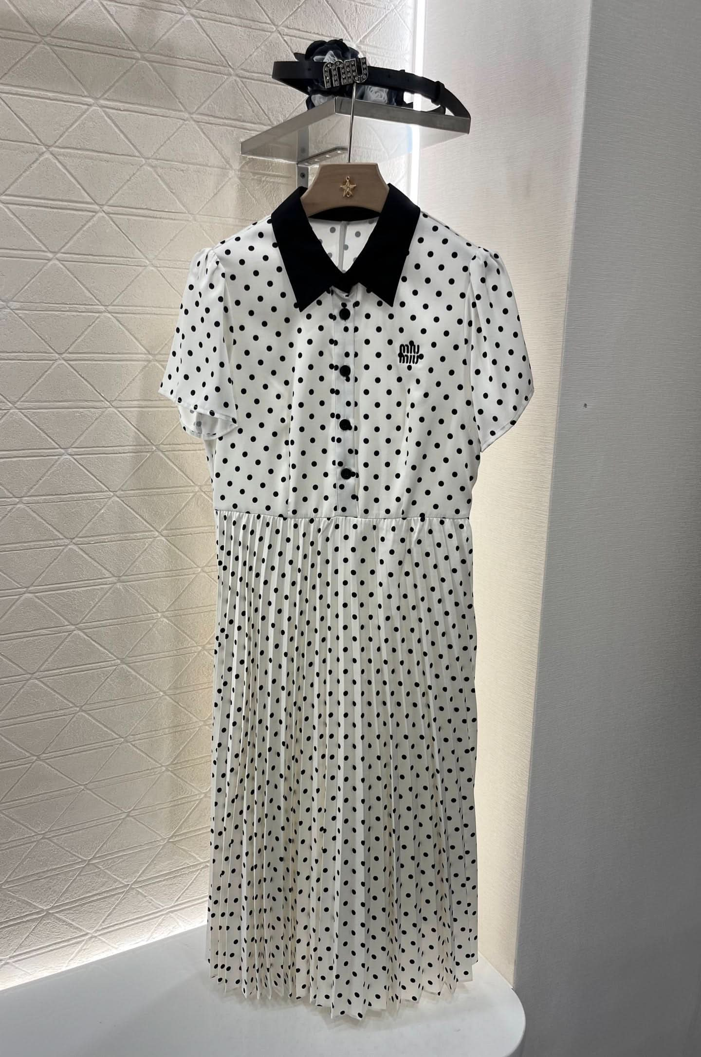 Miu Miu Belted Polka Dot Pleated Dress - Silhouette Atelier 