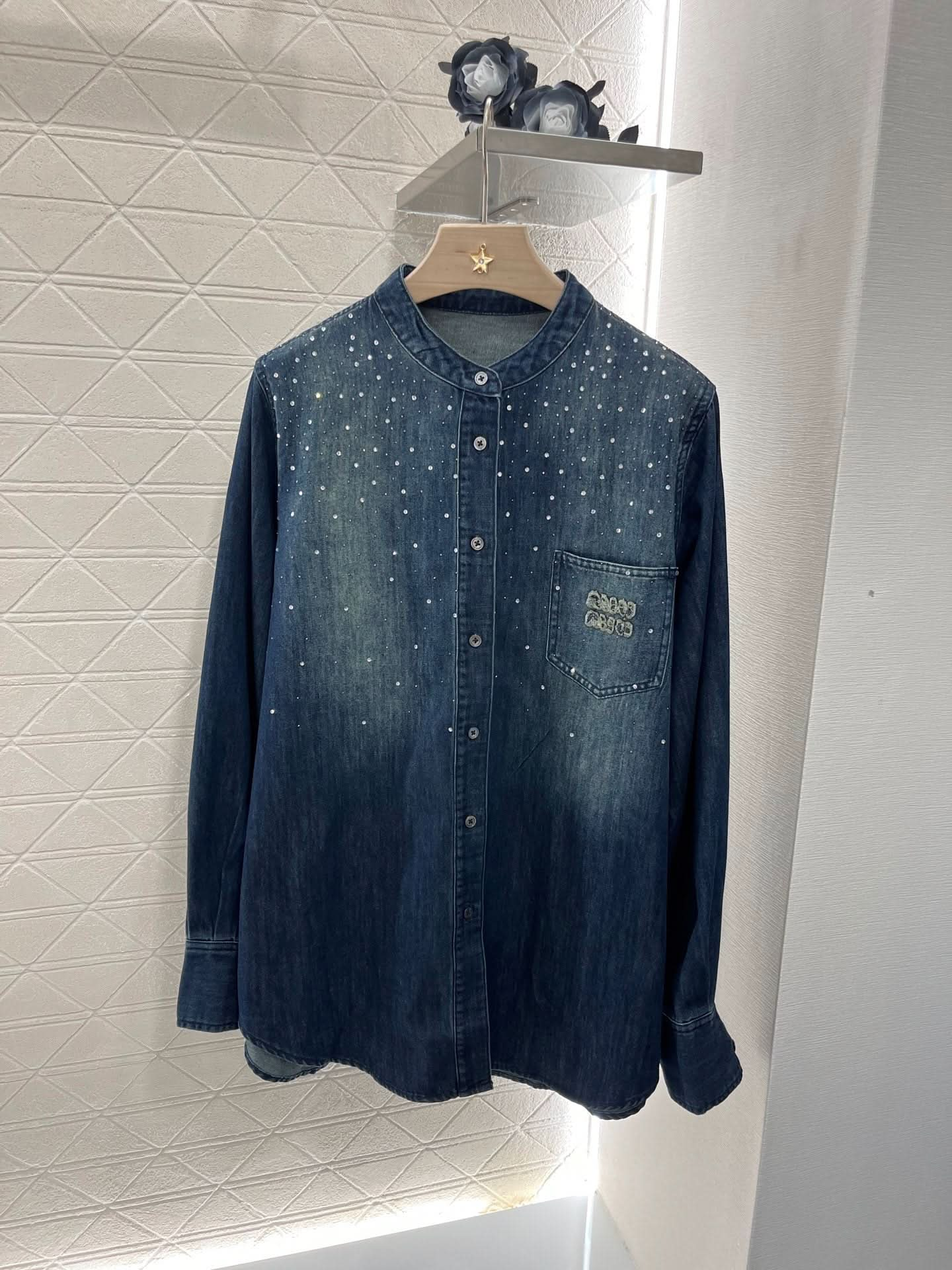 Miu Miu Vintage Washed Denim Shirt with Crystal Details - Silhouette Atelier 