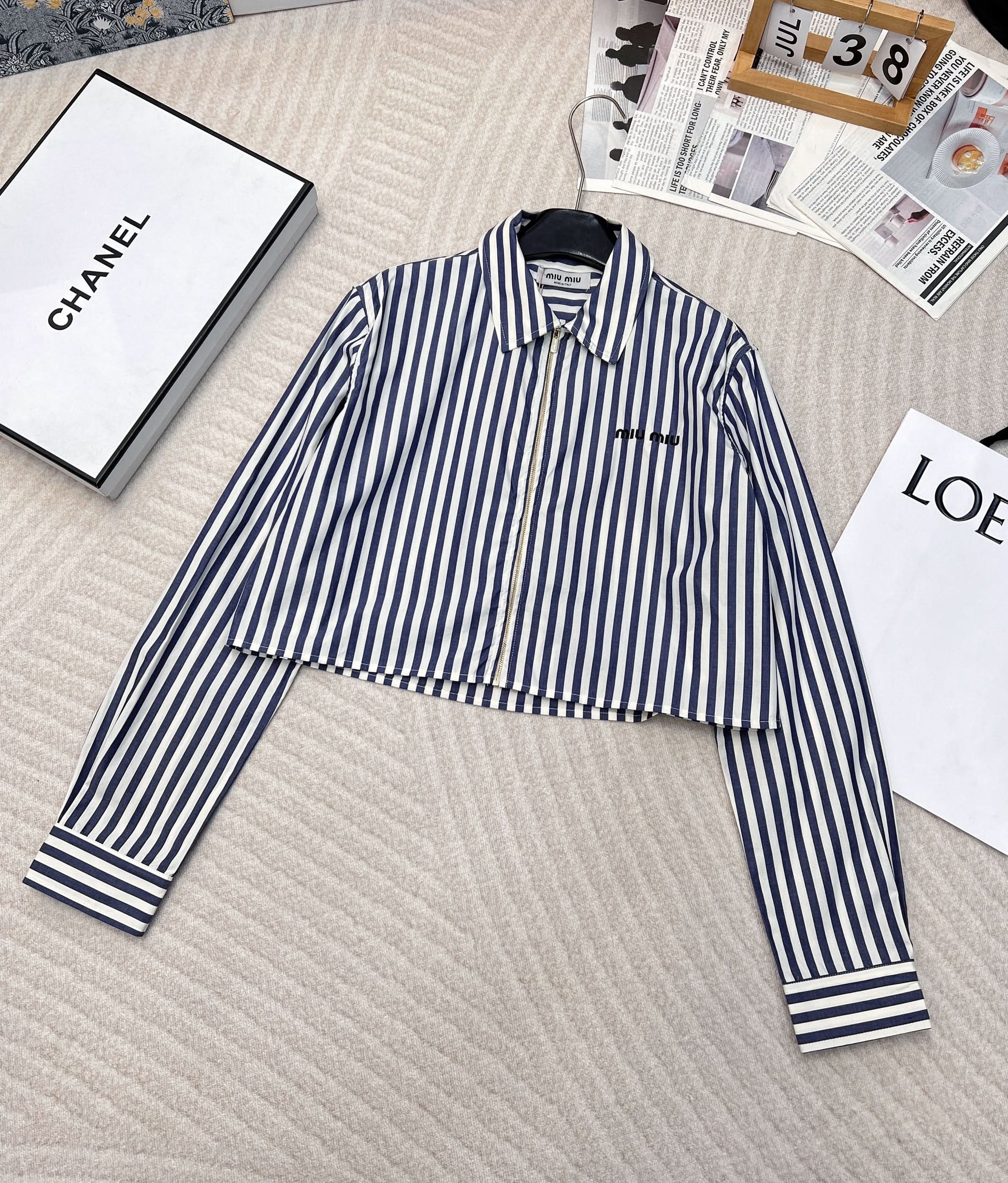 MIU-Striped Embroidered Letter Shirt - Silhouette Atelier 