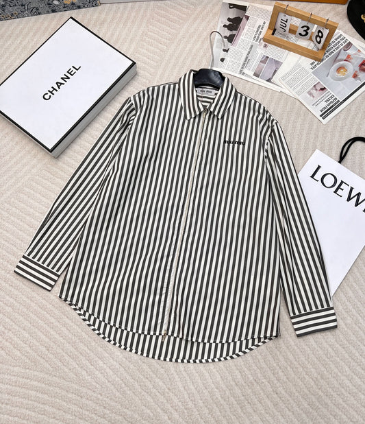 MIU-Striped Embroidered Letter Double-Zip Shirt - Silhouette Atelier 