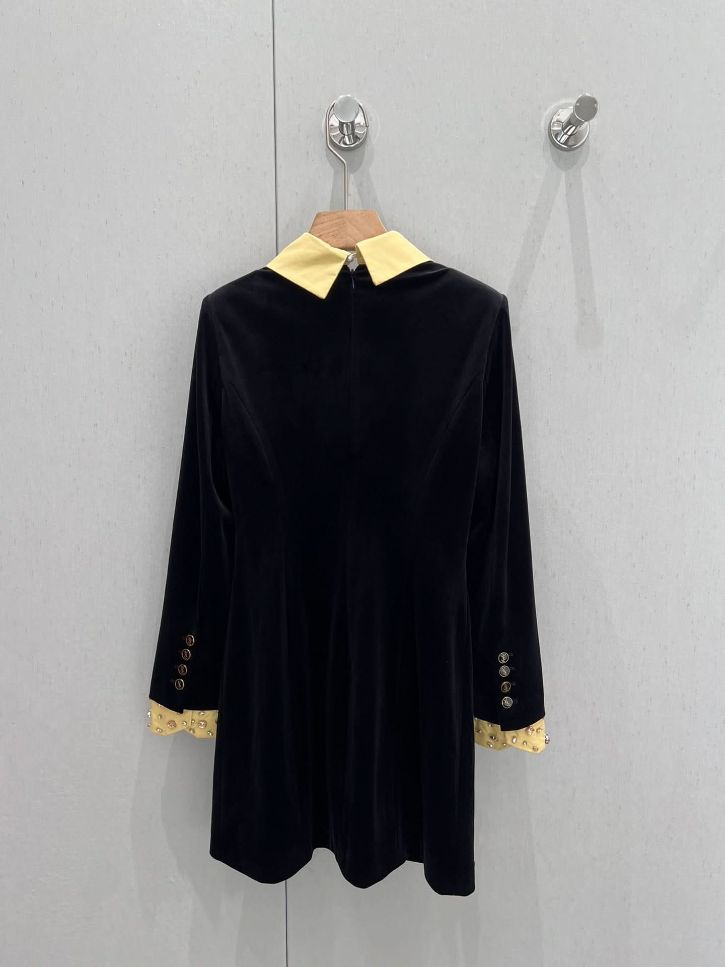 Saintlauren-Gold Velvet Contrast Beaded Long Sleeve Dress-YY - Silhouette Atelier 