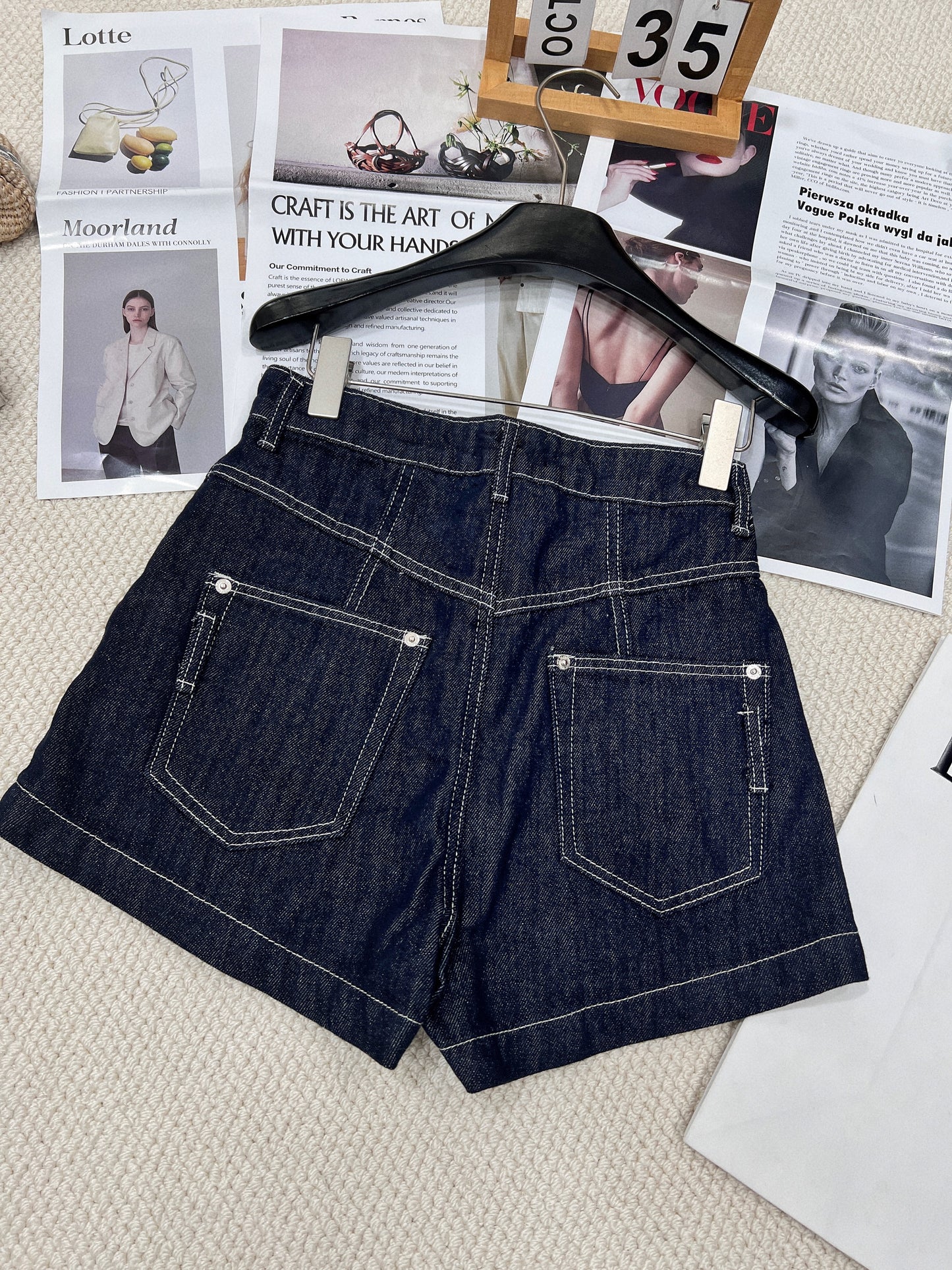 Leather brand denim shorts