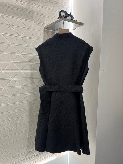 Stand Collar Sleeveless Belted Dress