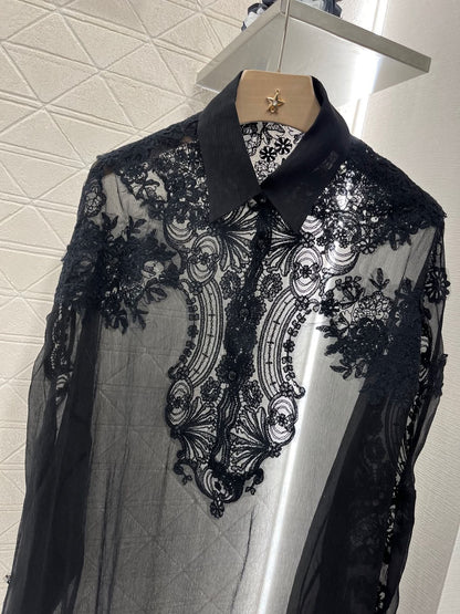 ERMANNO- SCERVINO-Embroidered Lace Pointed Collar Silk Long Shirt - Silhouette Atelier 