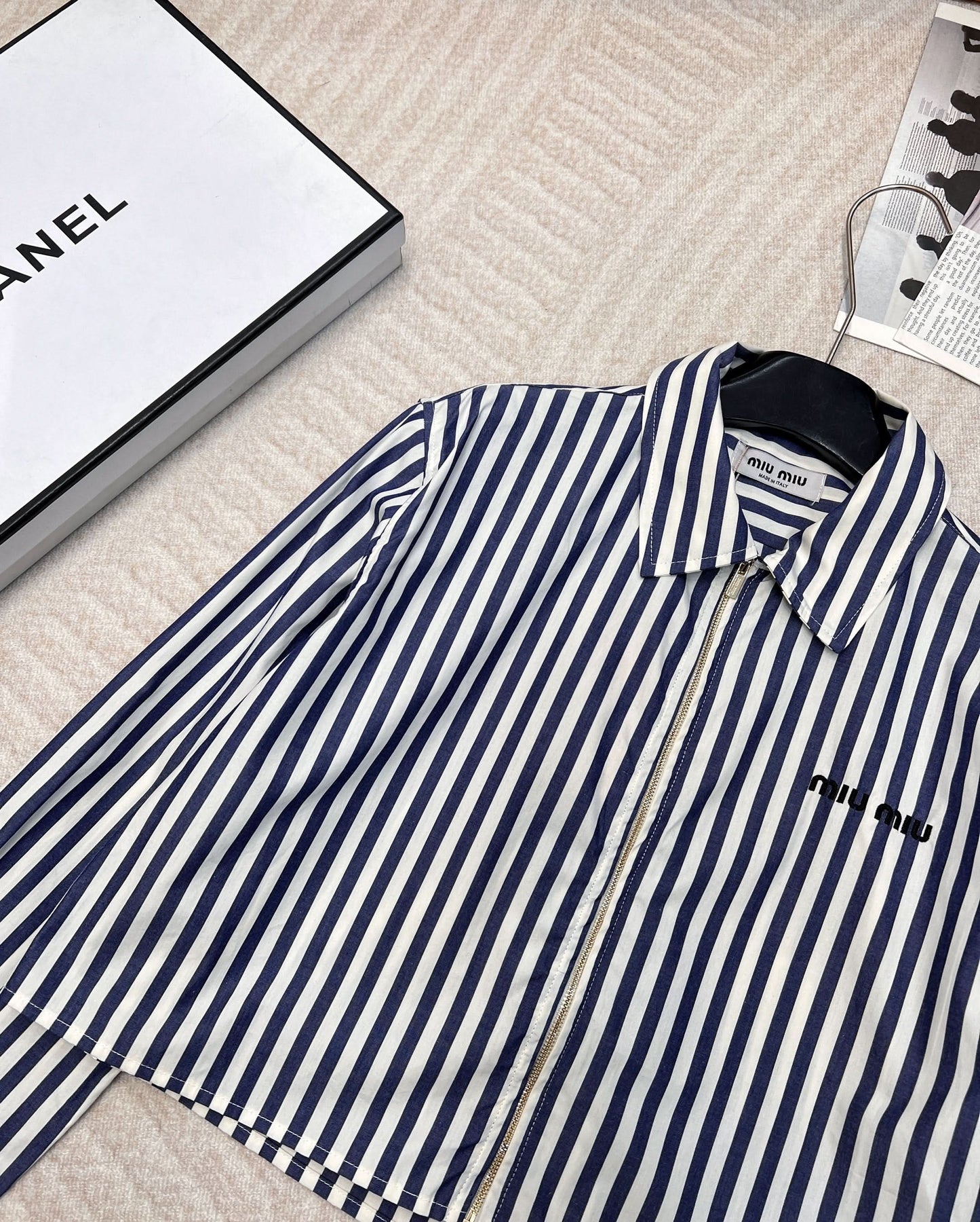 MIU-Striped Embroidered Letter Shirt - Silhouette Atelier 