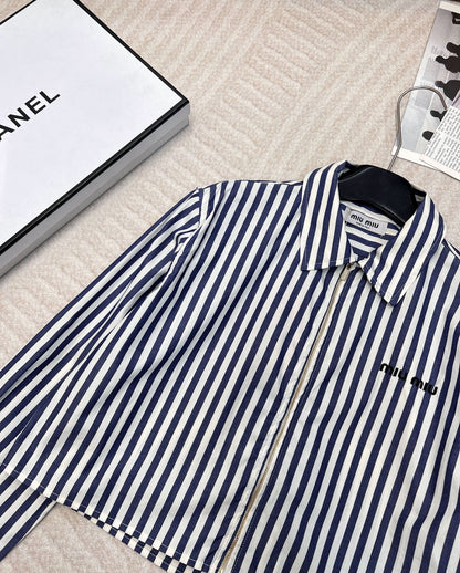 MIU-Striped Embroidered Letter Shirt - Silhouette Atelier 