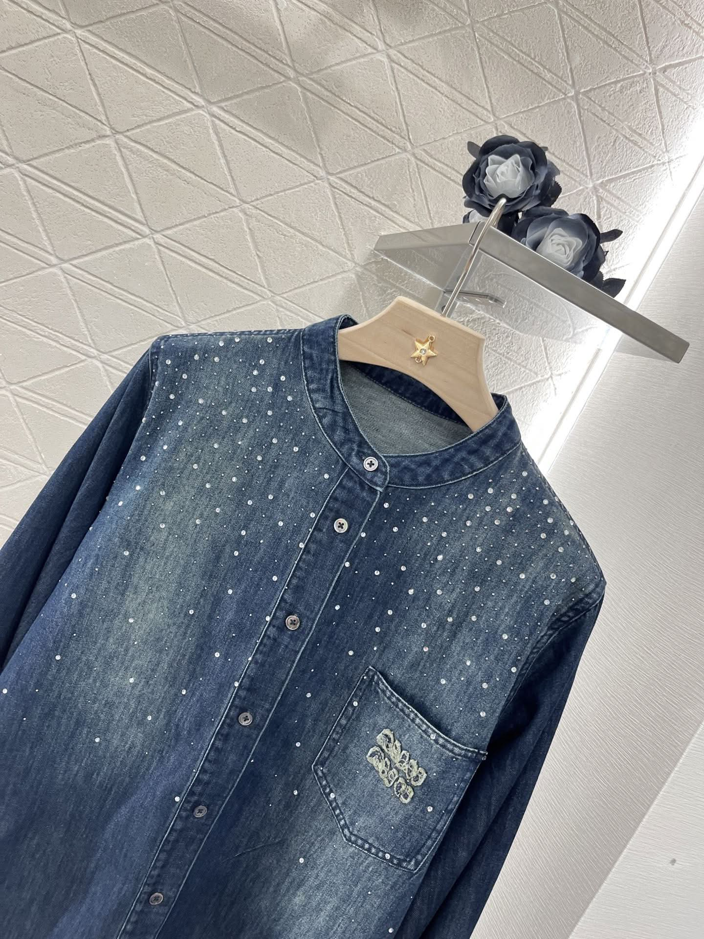 Miu Miu Vintage Washed Denim Shirt with Crystal Details - Silhouette Atelier 