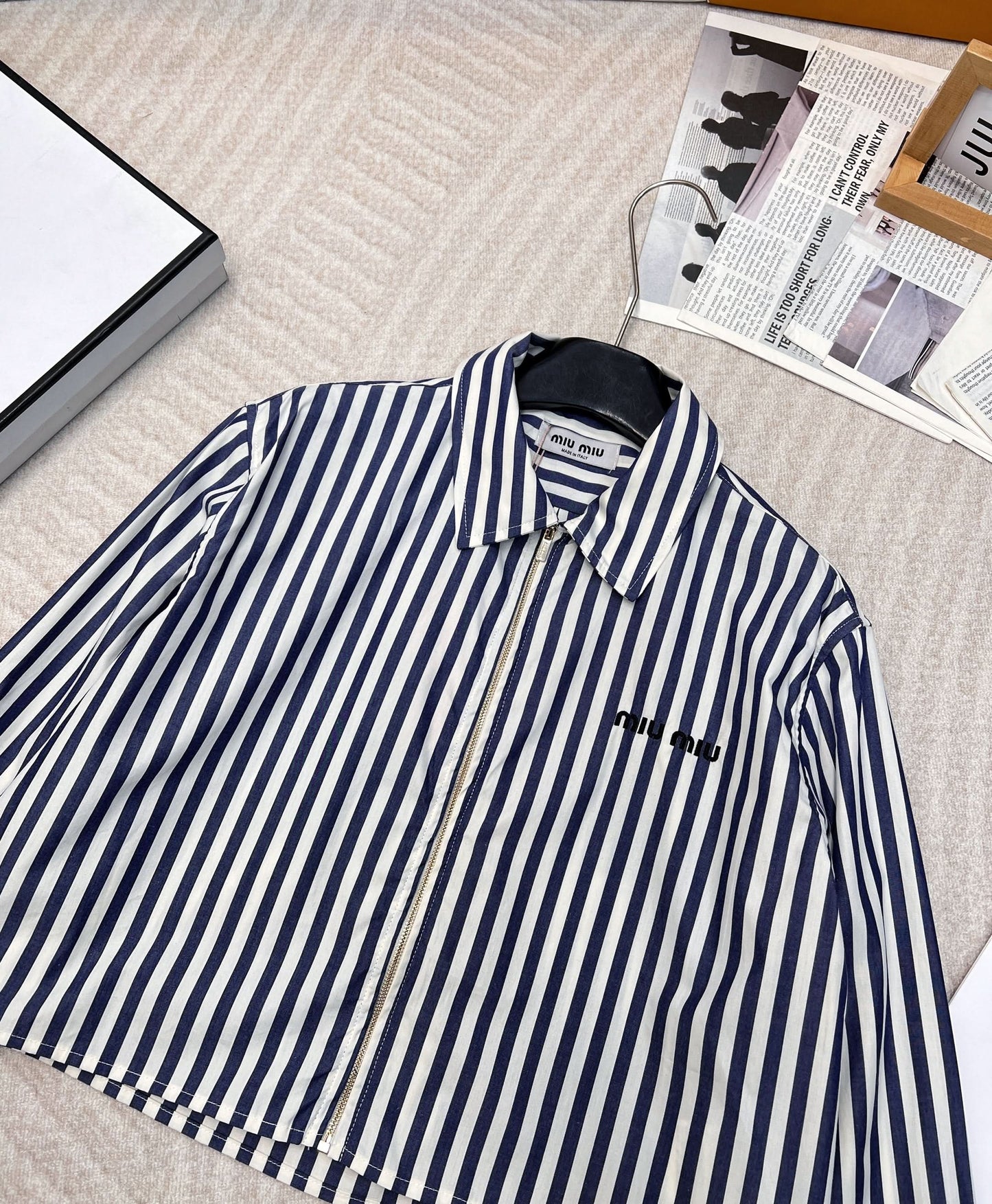 MIU-Striped Embroidered Letter Shirt - Silhouette Atelier 