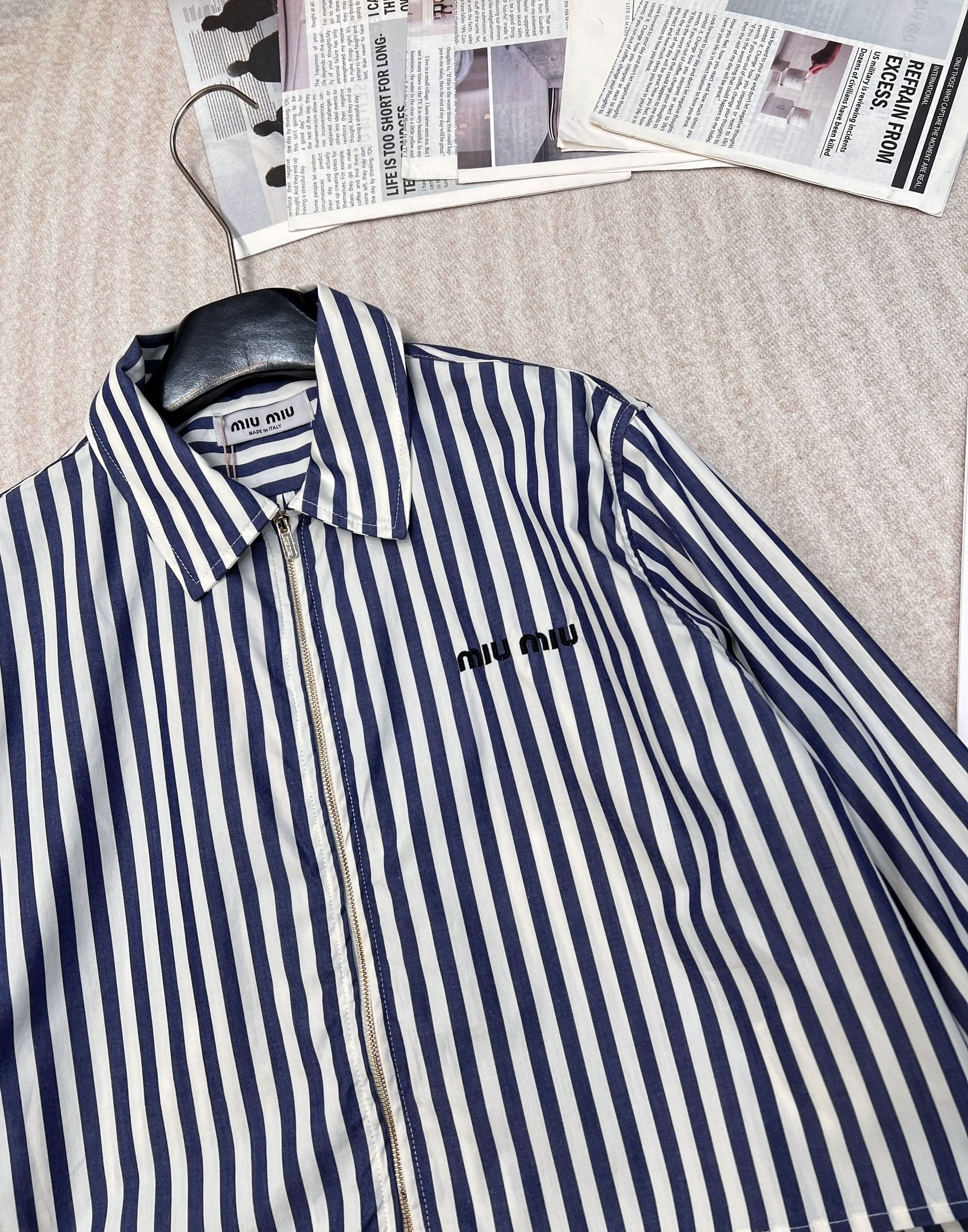 MIU-Striped Embroidered Letter Shirt - Silhouette Atelier 