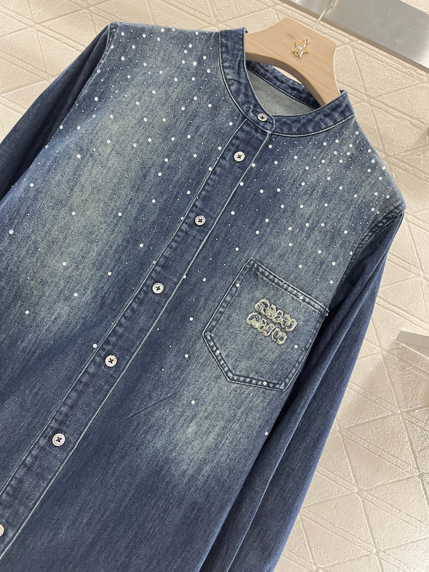 Miu Miu Vintage Washed Denim Shirt with Crystal Details - Silhouette Atelier 