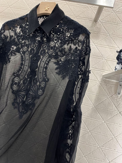 ERMANNO- SCERVINO-Embroidered Lace Pointed Collar Silk Long Shirt - Silhouette Atelier 