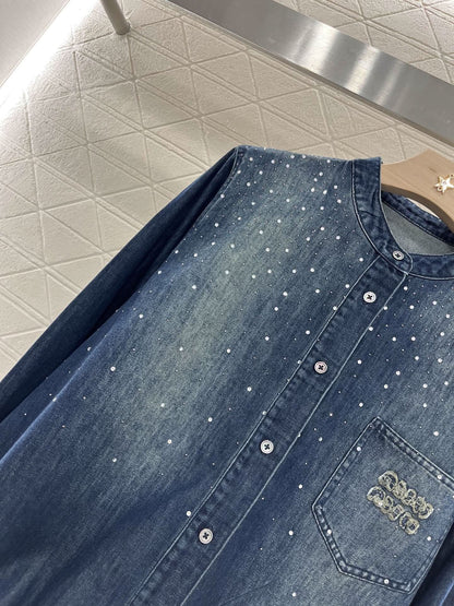 Miu Miu Vintage Washed Denim Shirt with Crystal Details - Silhouette Atelier 